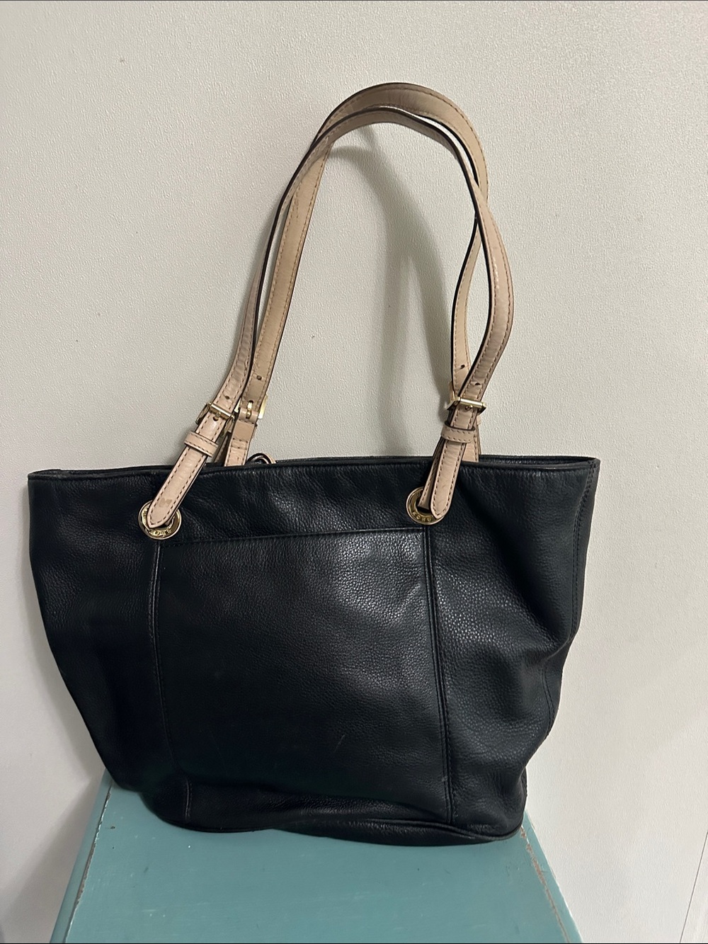 Classic Black Leather Tote with Contrast Tan Straps